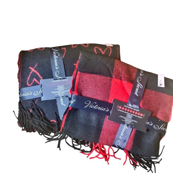 Victoria's Secret Accessories - NWT2 Victorias Secret Cozy Blanket Scarves Heart & Plaid, Black & Red Check Logo